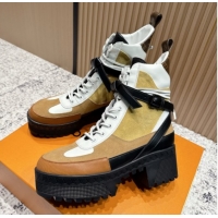 Luxurious Louis Vuitton Laureate Platform Desert Ankle Boots in Suede & Calfskin 7cm LV111905 Brown/Beige