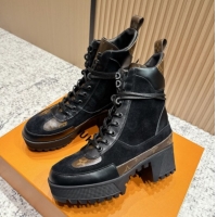 Good Quality Louis Vuitton Laureate Platform Desert Ankle Boots in Monogram & Suede 7cm LV111911 Black