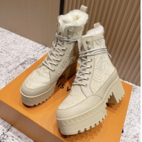 Top Design Louis Vuitton Laureate Platform Desert Ankle Boots in Monogram Calfskin & Suede 7cm LV111917 Beige