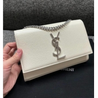 Low Cost Saint Laurent Kate Small Chain Bag in Grained Leather 469390 White/Silver 2025