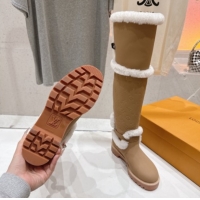 Top Grade Louis Vuitton Territory Flat Thigh High Boots in Nubuck Leather and Wool Beige 1AIUE0 1219084