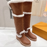 Good Looking Louis Vuitton Territory Flat Thigh High Boots in Nubuck Leather and Wool Brown 1AIUE0 1219086