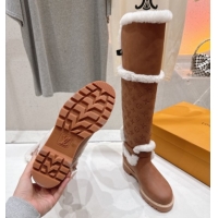 Good Looking Louis Vuitton Territory Flat Thigh High Boots in Nubuck Leather and Wool Brown 1AIUE0 1219086