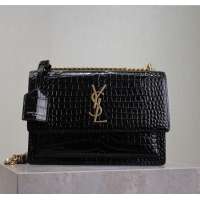Promotional Saint Laurent Sunset Medium Bag in Crocodile Embossed Leather 442906 Black/Gold 2025