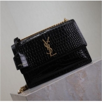 Promotional Saint Laurent Sunset Medium Bag in Crocodile Embossed Leather 442906 Black/Gold 2025