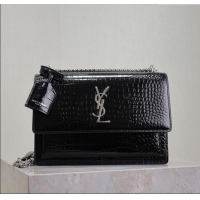 Trendy Design Saint Laurent Sunset Medium Bag in Crocodile Embossed Leather 442906 Black/Silver 2025