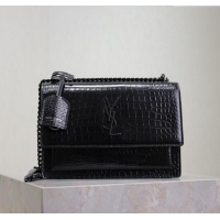 Discount Saint Laurent Sunset Medium Bag in Crocodile Embossed Leather 442906 All Black 2025