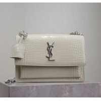 Buy Discount Saint Laurent Sunset Medium Bag in Crocodile Embossed Leather 442906 White/Silver 2025