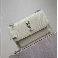 Buy Discount Saint Laurent Sunset Medium Bag in Crocodile Embossed Leather 442906 White/Silver 2025
