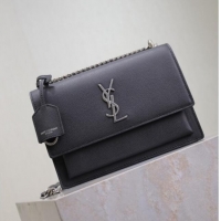 Super Quality Saint Laurent Sunset Medium Bag in Grained Leather 442906 Black/Silver 2025
