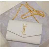 Good Quality Saint Laurent Uptown Chain Wallet in Grained Leather 607788 White/Gold 2025