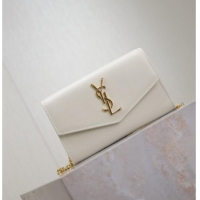 Good Quality Saint Laurent Uptown Chain Wallet in Grained Leather 607788 White/Gold 2025