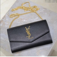 Top Grade Saint Laurent Uptown Chain Wallet in Grained Leather 607788 Black/Gold 2025