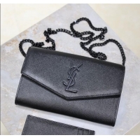 Big Discount Saint Laurent Uptown Chain Wallet in Grained Leather 607788 All Black 2025