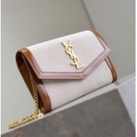 Famous Brand Saint Laurent Uptown Chain Wallet in Canvas and Leather 607788 Brown 2025