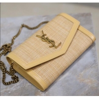 Top Grade Saint Laurent Uptown Chain Wallet in Straw and Leather 607788 Yellow 2025