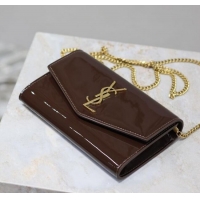 Top Quality Saint Laurent Uptown Chain Wallet in Patent Leather 607788 Brown 2025