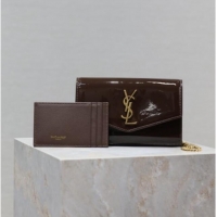 Top Quality Saint Laurent Uptown Chain Wallet in Patent Leather 607788 Brown 2025