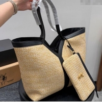 Top Quality Saint Laurent Y Tote Bag in Straw 817602 Beige/Black 2025