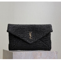 Low Price Saint Laurent Cassander Large Envelope Pouch in Rafia Straw 769307 Black 2025