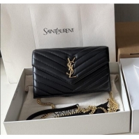 Best Price Saint Laurent Cassandre Matelasse Envelope Chain Wallet in Lambskin 742920 Black 2024 Top Quality