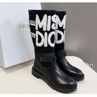 Grade Quality Dior D-Major Flat High Boots in White Miss Dior Print Fabric with Black Calfskin 1029013