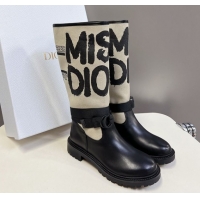 Best Grade Dior D-Major Flat High Boots in Beige Miss Dior Print Fabric with Black Calfskin 1029014