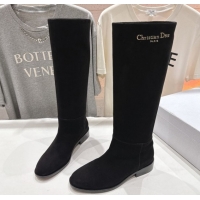 Most Popular Dior D-Town Flat High Boots in Black Supple Suede with Signature 1029028