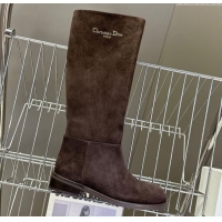 Good Quality Dior D-Town Flat High Boots in Supple Suede with Signature Chocolate Brown 1029035