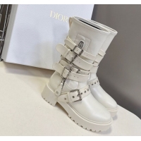 Luxurious Dior D-Fight Ankle Boots in Calfskin and Leather-Effect Stretch Material with Buckle White 1029045