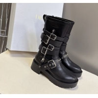 Stylish Dior D-Fight Ankle Boots in Calfskin and Leather-Effect Stretch Material with Buckle Black 1029046
