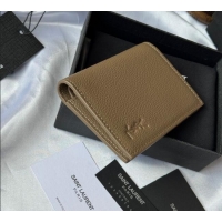 Top Grade Saint Laurent Tiny Cassandre Credit Card Wallet in Grained Leather 668736 Beige 2025