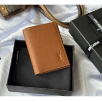 Top Quality Saint Laurent Tiny Cassandre Credit Card Wallet in Grained Leather 668736 Brown 2025