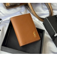 Best Price Saint Laurent Tiny Cassandre Credit Card Wallet in Grained Leather 668736 Brown/Gold 2025