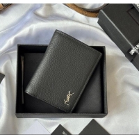 Top Quality Saint Laurent Tiny Cassandre Credit Card Wallet in Grained Leather 668736 Black/Silver 2025