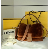Shop Cheap Fendi Mamma Baguette Medium Bag in Shearling 8693L Brown 2025 Top