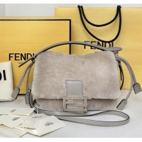 Most Popular Fendi Mamma Baguette Small Bag in Shearling 8693S Grey 2025 Top