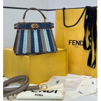 Luxury Cheap Fendi Peekaboo ISeeU Petite Bag in Interlaced Leather 80173S Khaki/Blue 2025 Top