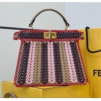 Discount Fendi Peekaboo ISeeU Small Bag in Interlaced Leather 80173M Khaki/Red 2025 Top