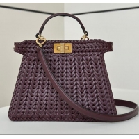 Hot Style Fendi Peekaboo ISeeU Small Bag in Interlaced Leather 80138M Burgundy 2025 Top