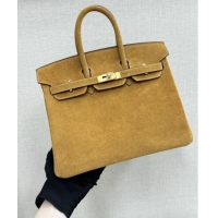 Super Quality Hermes Birkin 25 Bag in Suede Leather H25 Camel/Gold 2025 (Half Handmade)