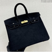 Super Quality Hermes Birkin 25 Bag in Suede Leather H25 Black/Gold 2025 (Half Handmade)