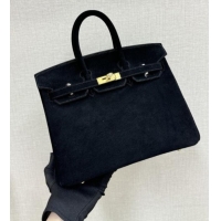 Super Quality Hermes Birkin 25 Bag in Suede Leather H25 Black/Gold 2025 (Half Handmade)
