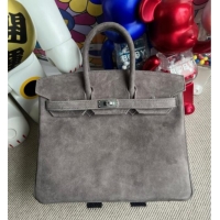 Super Quality Hermes Birkin 25 Bag in Suede Leather H25 Grey/Silver 2025 (Half Handmade)