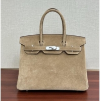 Luxury Cheap Hermes Birkin 25 Bag in Suede Leather H25 Beige/Silver 2025 (Half Handmade)