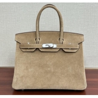 Promotional Hermes Birkin 30 Bag in Suede Leather H30 Beige/Silver 2025 (Half Handmade)