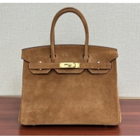 Buy Discount Hermes Birkin 30 Bag in Suede Leather H30 Brown/Gold 2025 (Half Handmade)