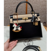 Best Price Hermes Kelly 25 Bag in Box Leather K25 Black/Gold 2025 (Half Handmade)