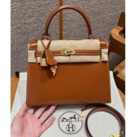 Good Discount Hermes Kelly 25 Bag in Box Leather K25 Brown/Gold 2025 (Half Handmade)
