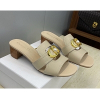 Unique Style Dior 30 Montaigne Heeled Slides Sandal 4.5cm in Calfskin Leather with Pearl Beige 1217003 